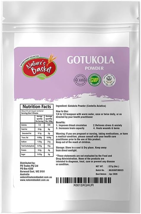 Nature's Basket Gotu Kola (Centella asiatica) Powder - 227 Grams Vegan, Non GMO