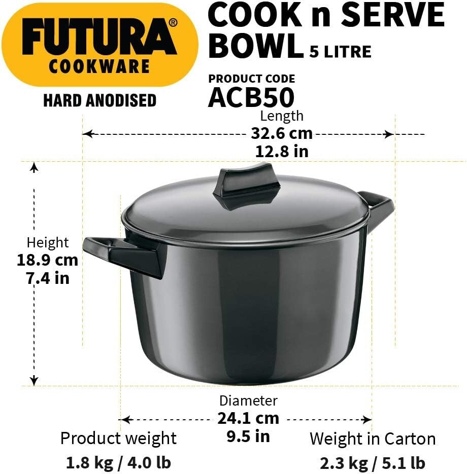 Hawkins Futura Hard Anodised Cook N Serve Bowl with Lid, 5 Litre Capacity