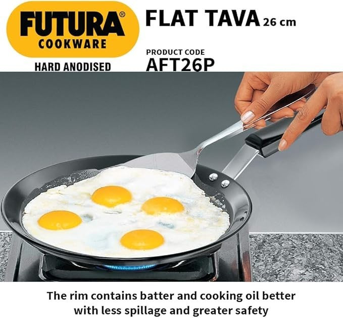 Hawkins Futura Hard Anodised Aluminium Flat Tava with Plastic Handle, 26 cm Diam