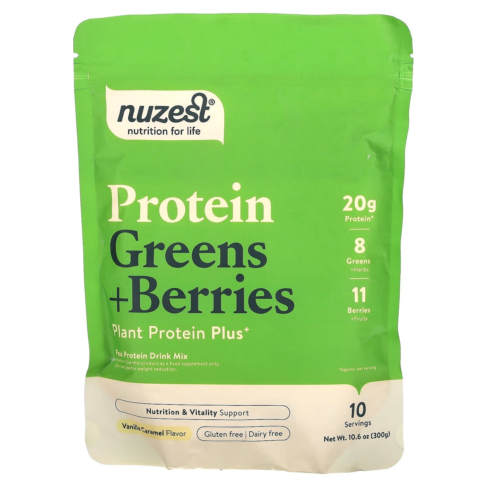 Nuzest Protein Greens + Berries, Vanilla Caramel Powder, 10.6 oz (300 g)