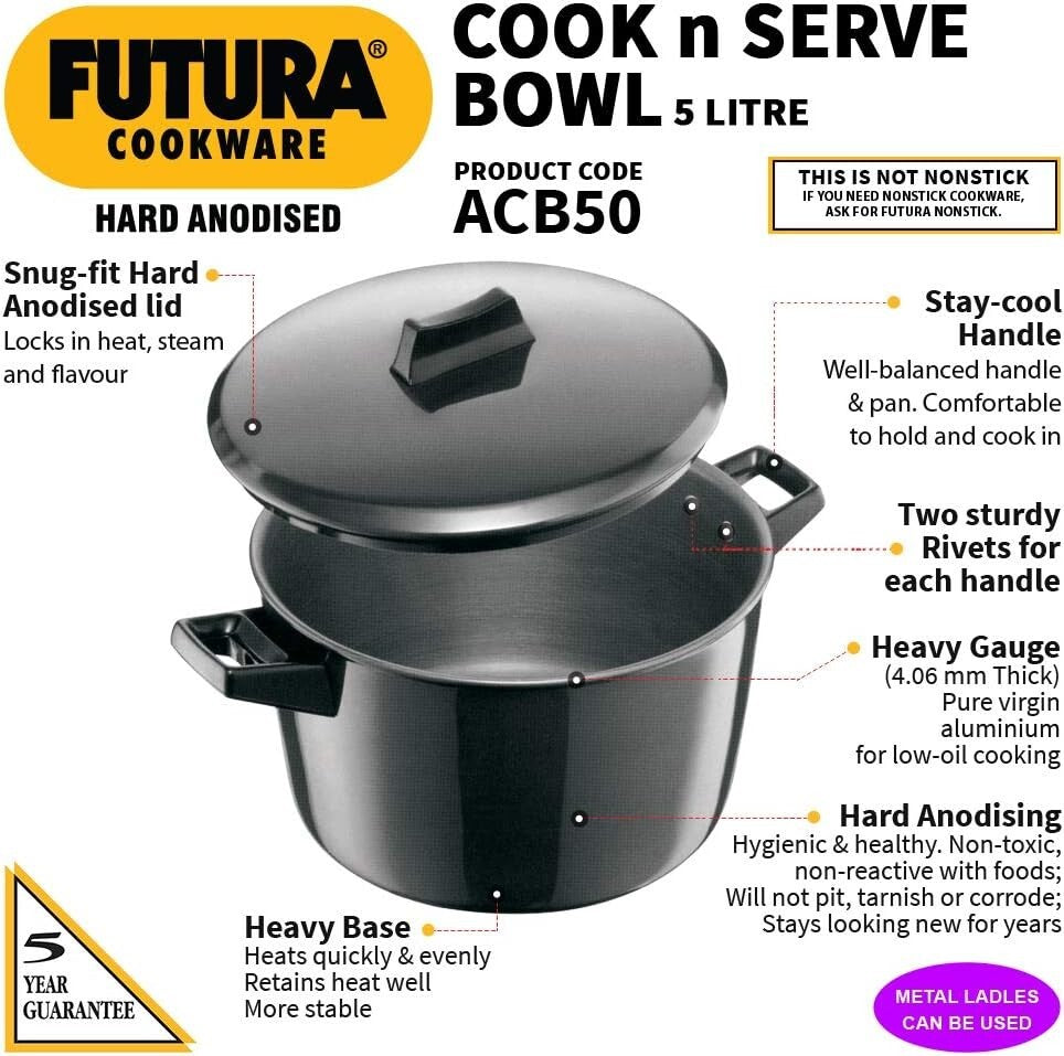 Hawkins Futura Hard Anodised Cook N Serve Bowl with Lid, 5 Litre Capacity