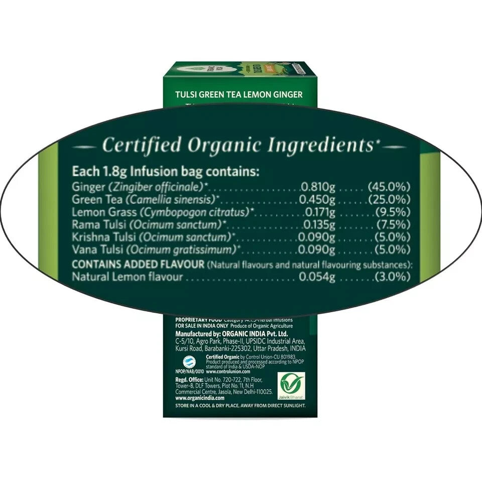 Organic India Tulsi Green Tea Lemon Ginger 25 Tea Bags - Pack of 5  Free Shippin