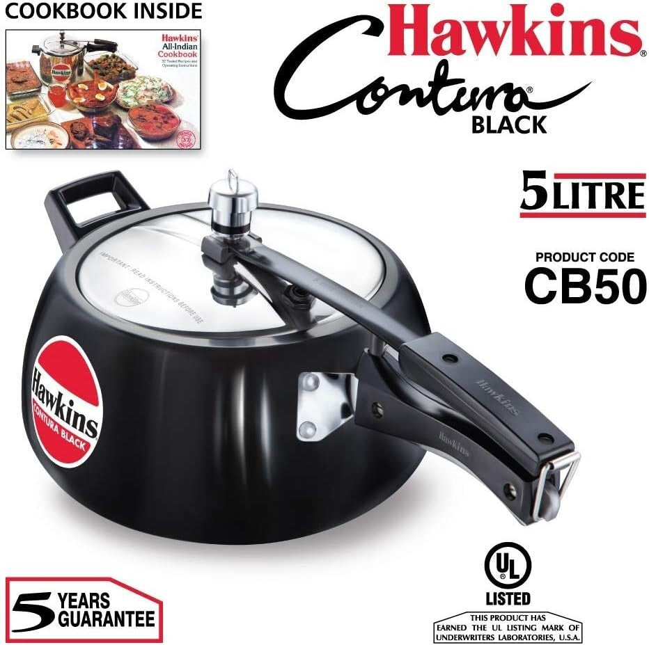 HAWKINS Hawkins Contura Black Pressure Cooker, 5 Litre, Black (Hard Anodized)