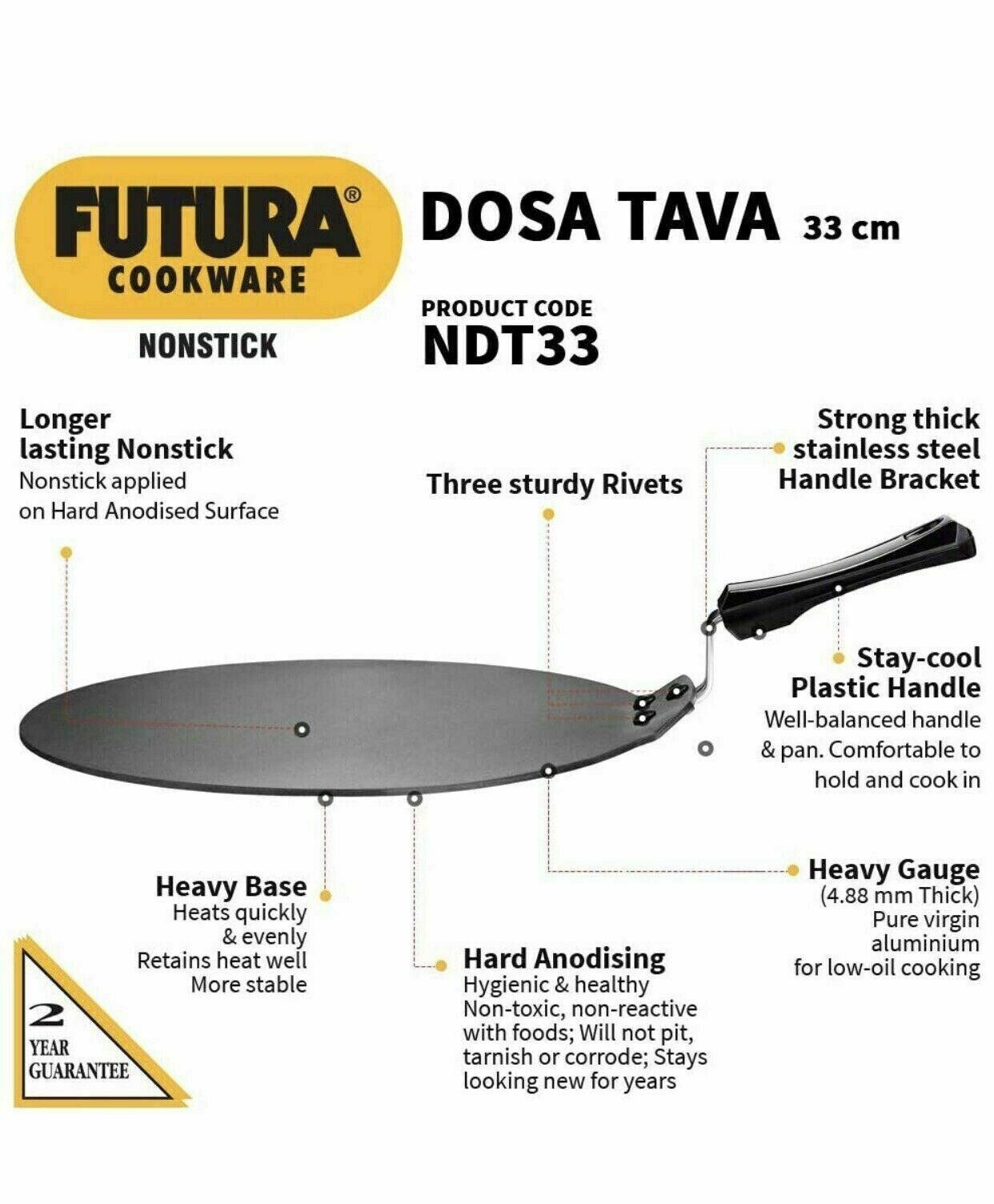 33cm XL Futura Hawkins Non Stick Dosa Tawa Griddle 33cm Diameter 4.88mm Thick