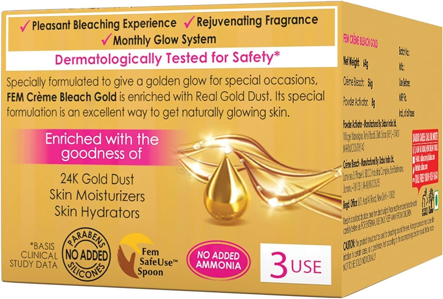 Fem Fairness Naturals Skin Bleach, Gold, 64 g  Free Shipping