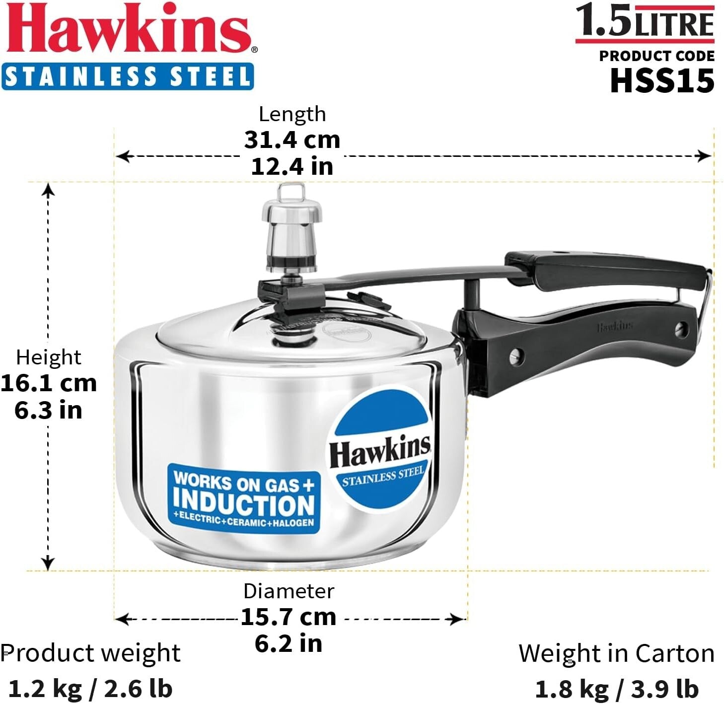 Hawkins Stainless Steel Pressure Cooker, 1.5 Litre Capacity  Free Shipping