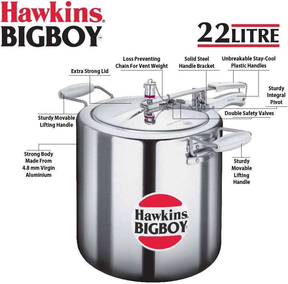 Hawkins Bigboy Aluminium Pressure Cooker, Silver 22 Litre  Free Shipping