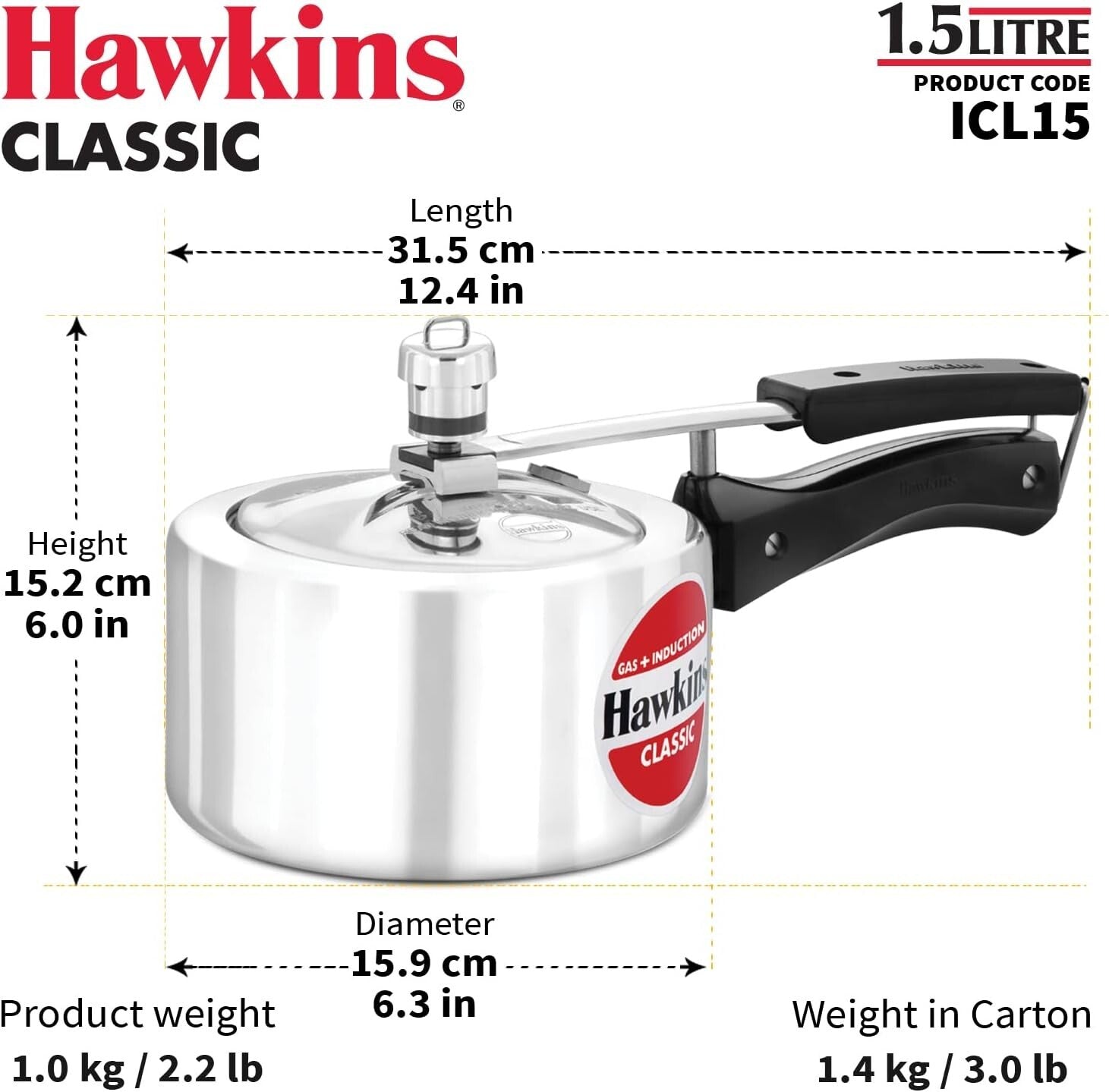 Hawkins Classic 1.5 Liter inner lid aluminum pressure cooker, induction cooker