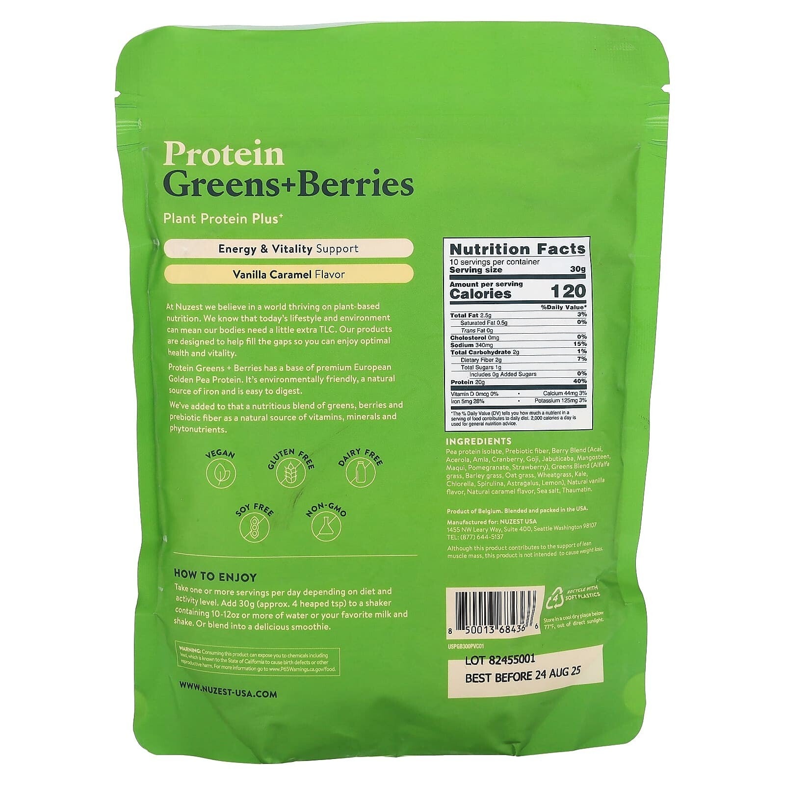 Nuzest Protein Greens + Berries, Vanilla Caramel Powder, 10.6 oz (300 g)