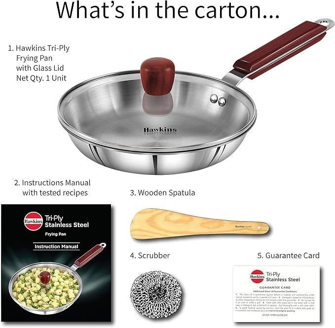 Hawkins Tri-Ply Stainless Steel Frying Pan with Glass Lid, 22 cm Diameter
