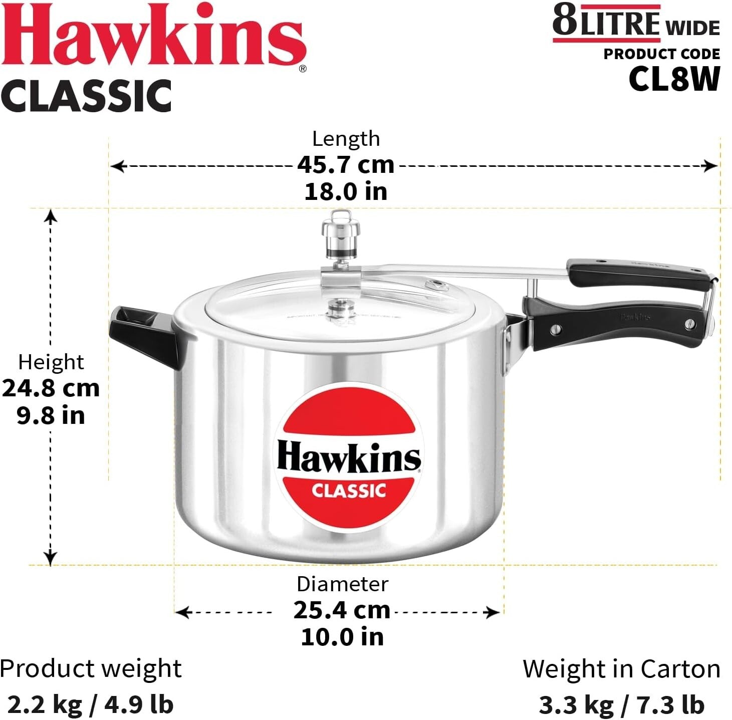 Hawkins Classic Pressure Cooker Jumbo, 8 Litre Capacity  Free Shipping