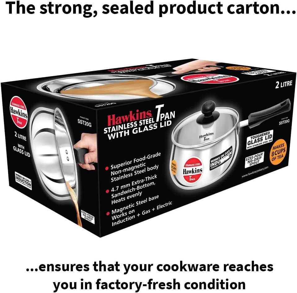 Hawkins Futura Steel Tea Pan with Glass Lid, 2.0 Litre Capactiy, Silver