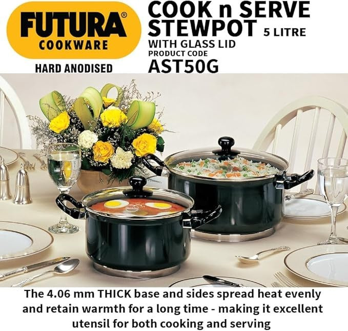 Hawkins Cook-N-Serve Hard Anodised Aluminium Stewpot with Glass Lid, 5 Litre Cap