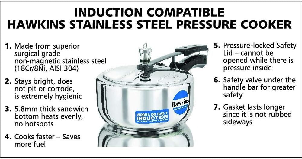 Hawkins Stainless Steel Induction Compatible Wide Pressure Cooker, 3 Litre Capac