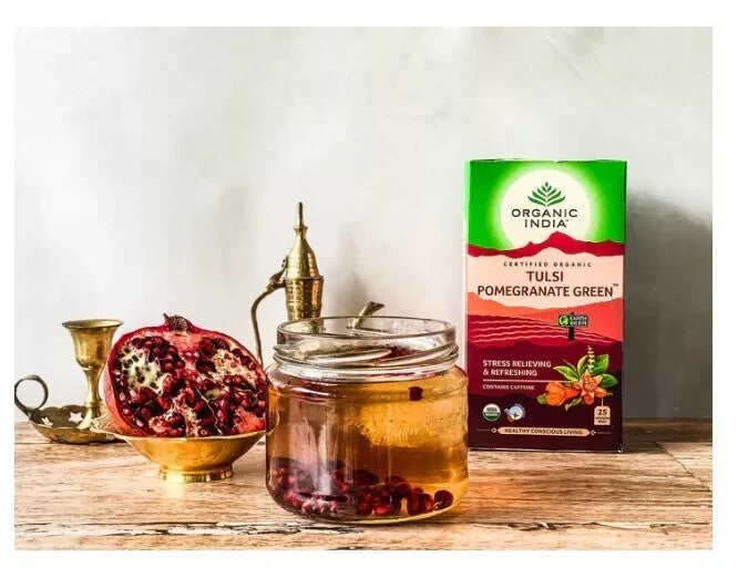 Organic India Tulsi Pomegranate Green 25 Tea Bags - Pack of 5  Free Shipping