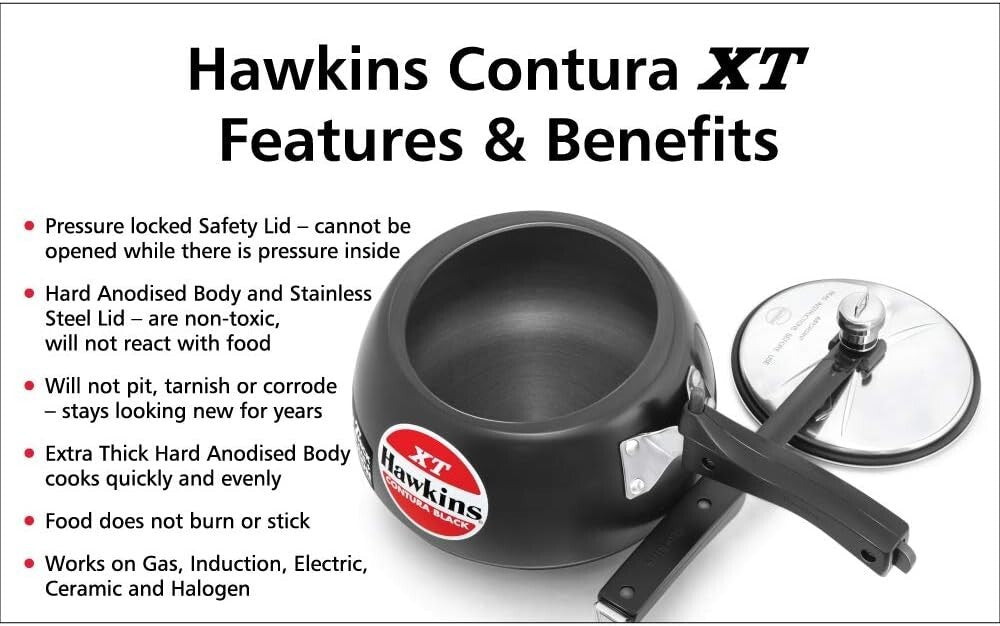 Hawkins Contura XT Pressure Cooker, Black, 5 Litre Capacity  Free Shipping