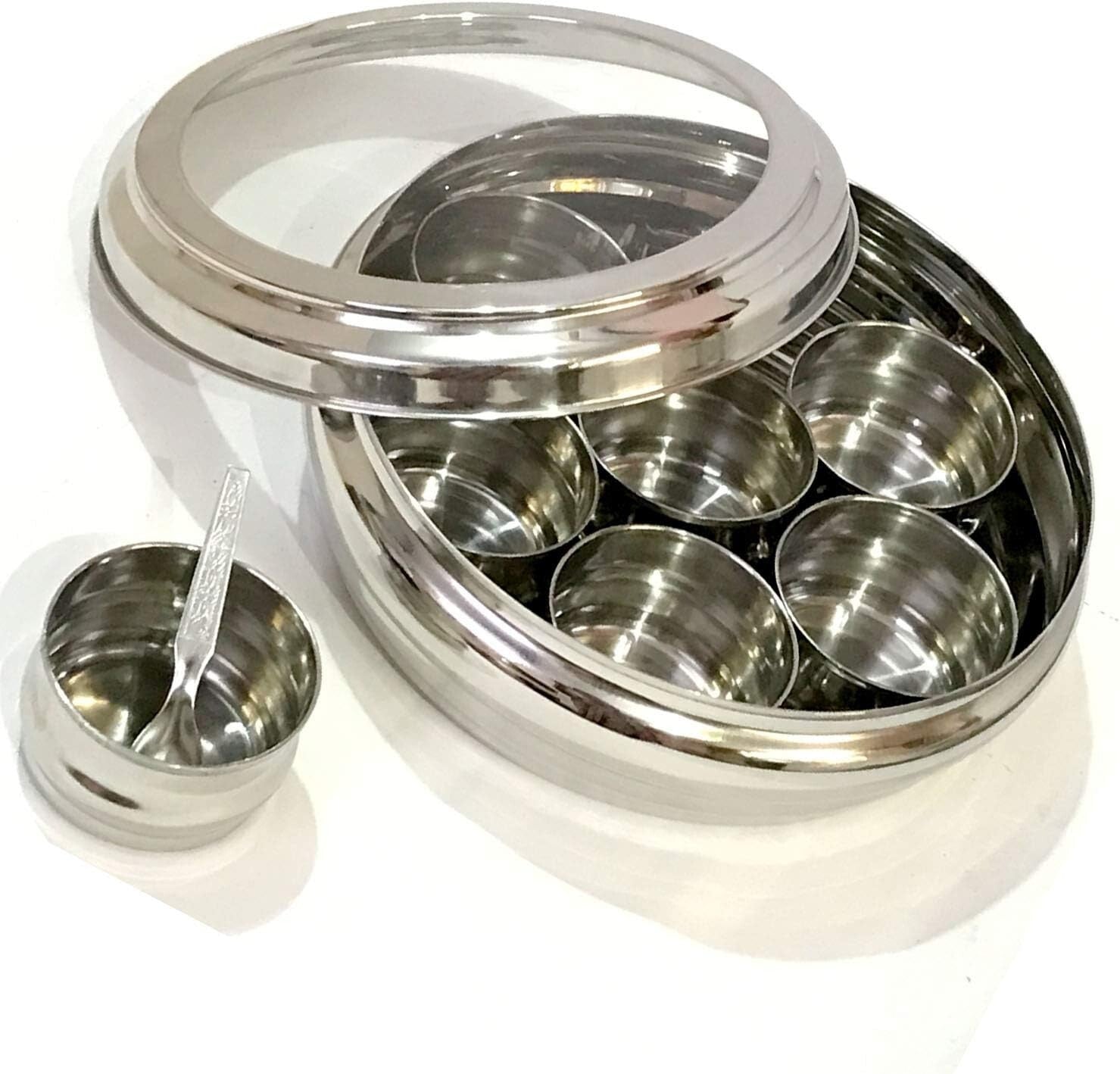 Spice Box Stainless Steel Masala Dabba Spice Container Box with 1 Spoon Clear