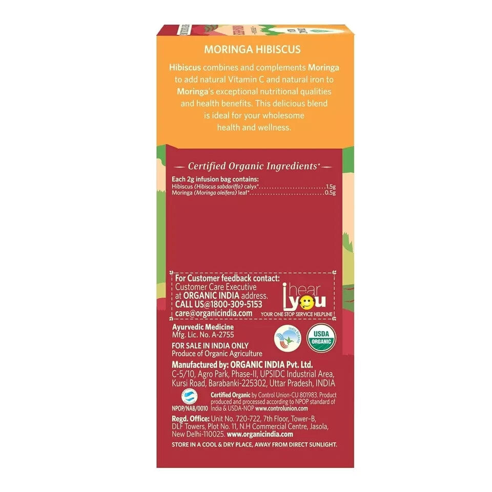 ORGANIC INDIA Moringa Hibiscus 25 Tea bags (Pack of 5)  Free Shipping