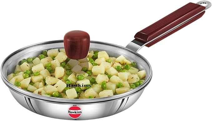 Hawkins Tri-Ply Stainless Steel Frying Pan with Glass Lid, 22 cm Diameter