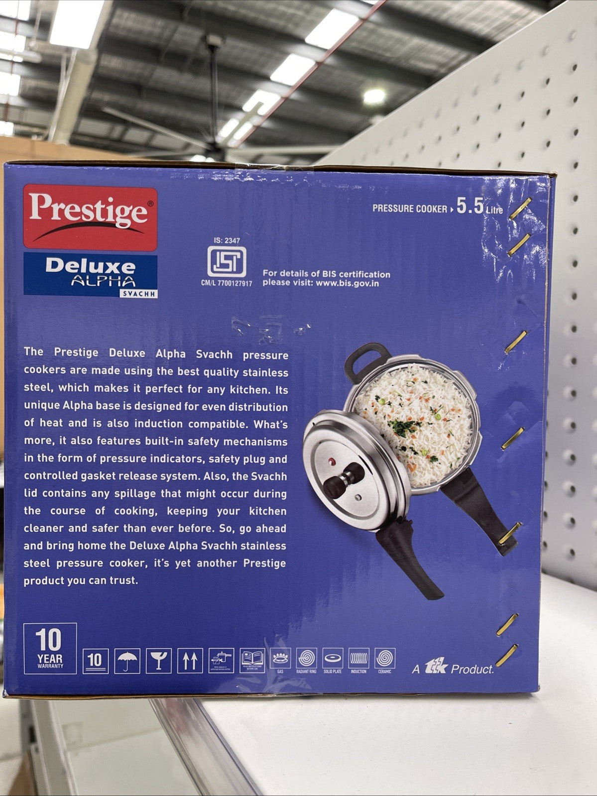 Prestige Deluxe Alpha Stainless Steel Pressure Cooker, 5.5 Litres, Silver