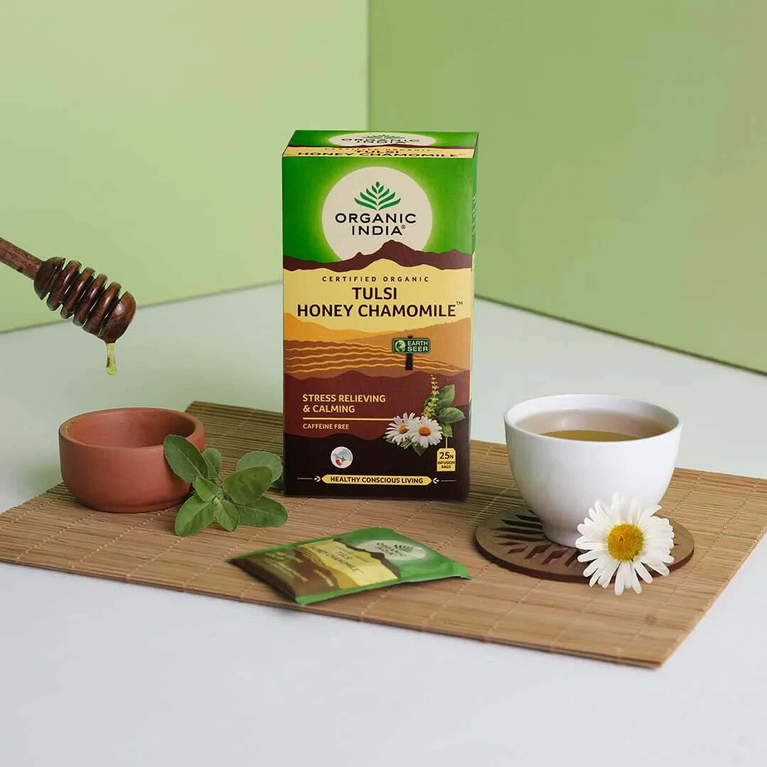 Organic India Tulsi Honey Chamomile - Pack of 25 Tea Bags 1.74g - Pack of 5