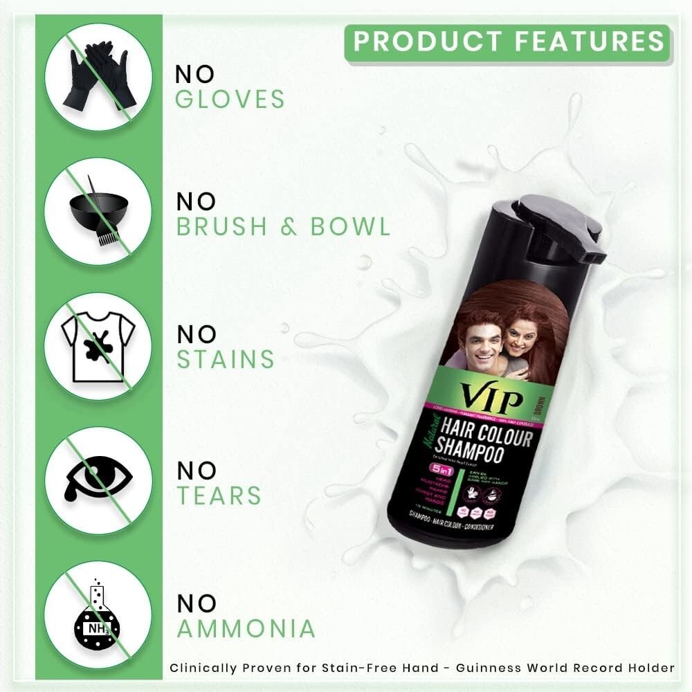 VIP Natural Hair Colour Shampoo, Brown, 180 ml  Free Shipping