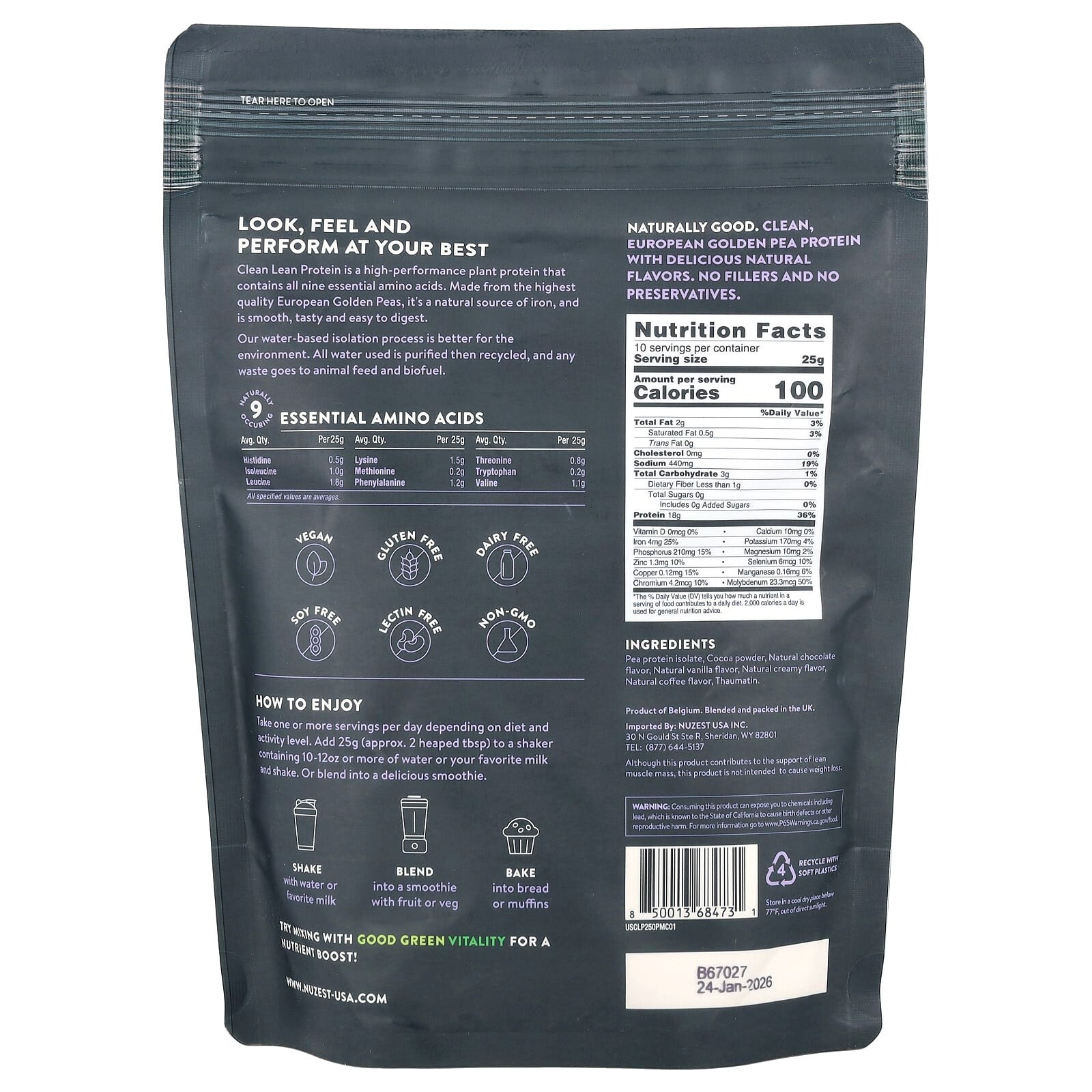 Nuzest Clean Lean Protein, Premium Pea Protein Drink Mix, Mocha Powder 250g