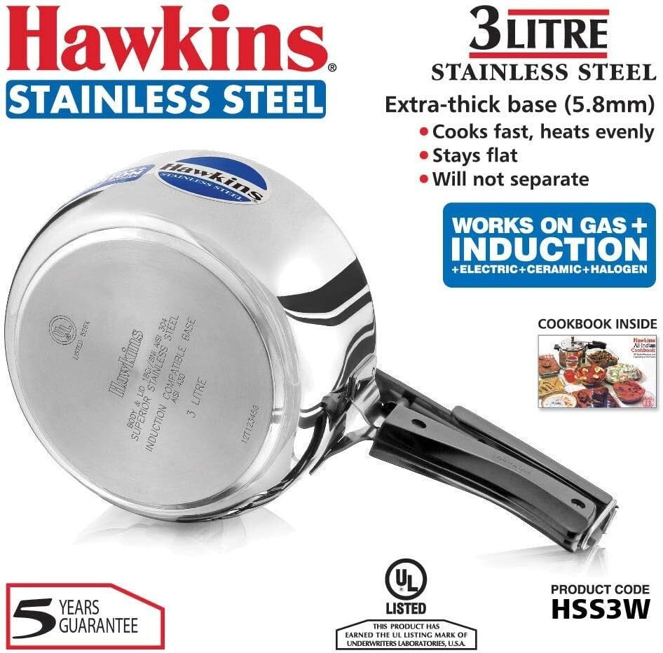 Hawkins Stainless Steel Induction Compatible Wide Pressure Cooker, 3 Litre Capac