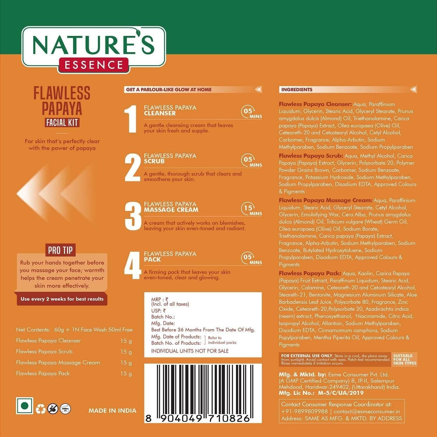 Nature's Essence Flawless Papaya Facial Kit 3 Use, White, 1 count, 60 gm 