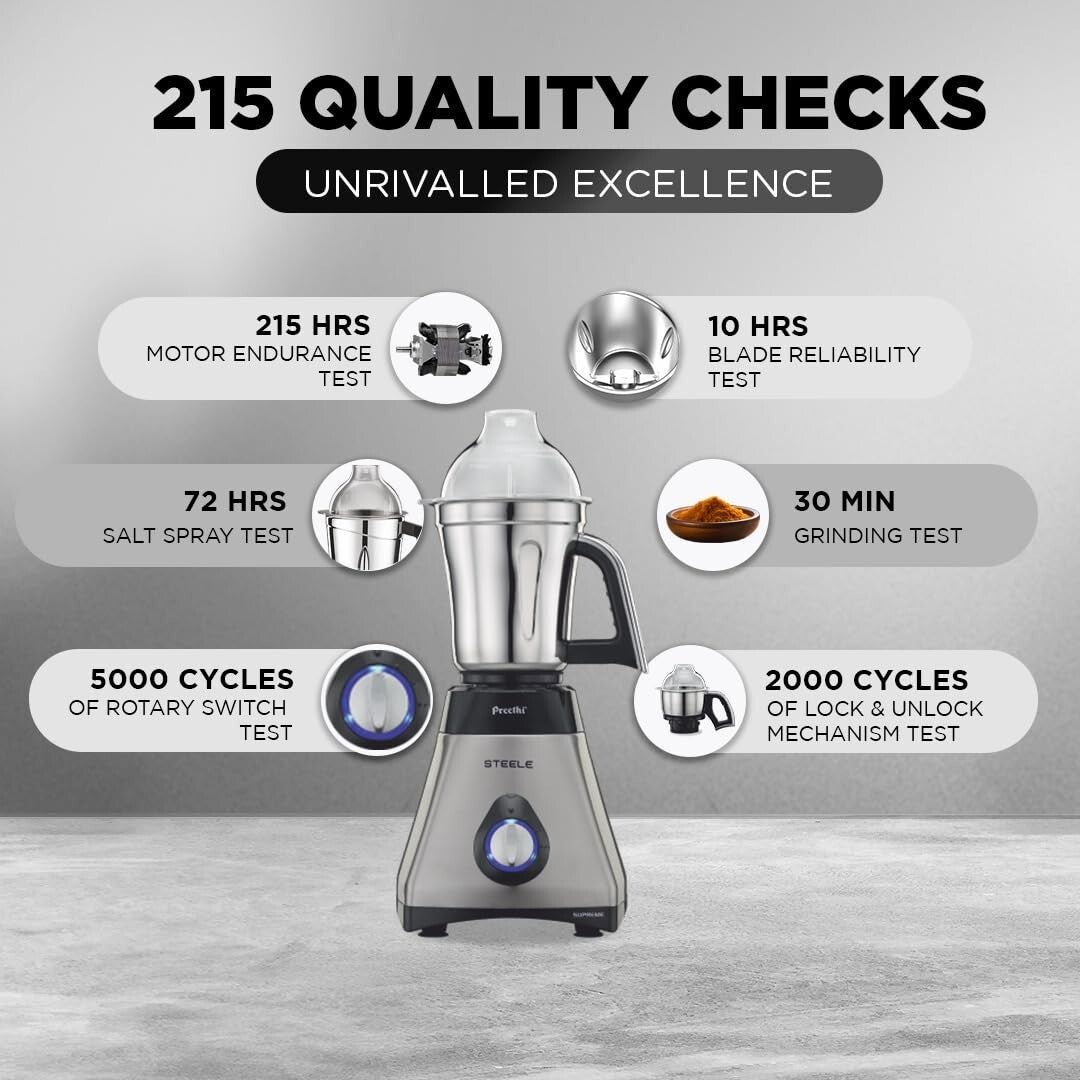 Preethi Steel Supreme MG-208 mixer grinder, 750-watt,4jar (Silver)  Free Shippin