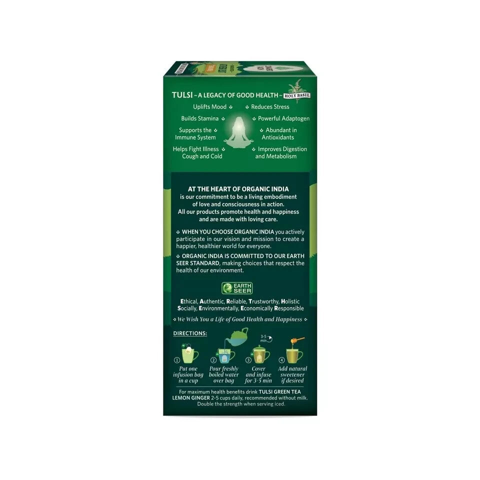 Organic India Tulsi Green Tea Lemon Ginger 25 Tea Bags - Pack of 5  Free Shippin