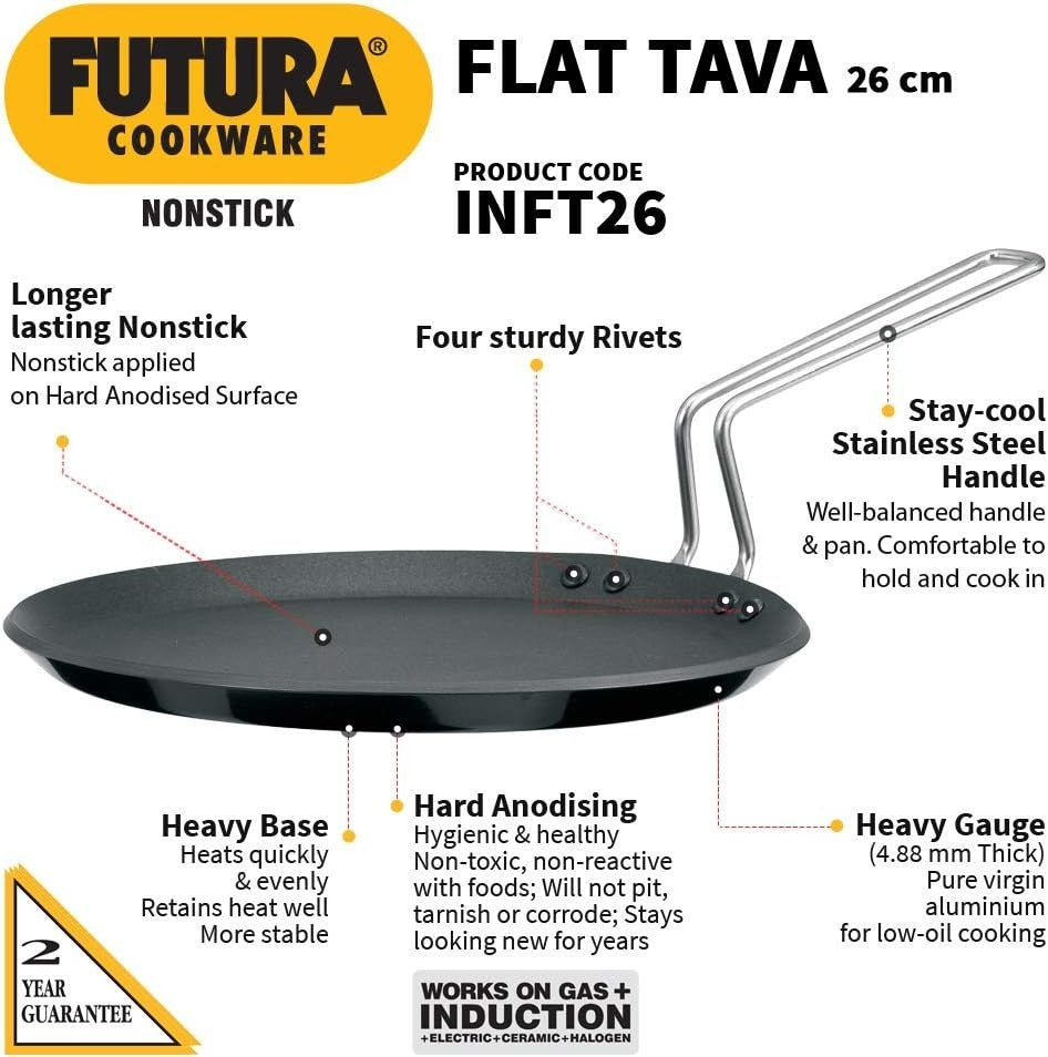 Hawkins FUTURA IQ45 Non-Stick Induction Compatible Flat Tava Griddle, 10-inch Bl