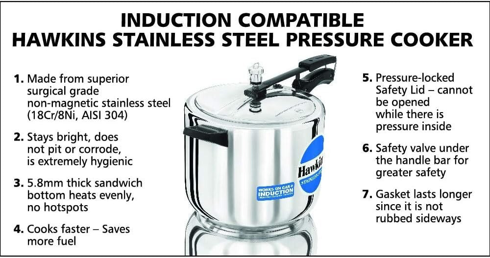 Hawkins Stainless Steel Induction Compatible Pressure Cooker, 10 Litre Capacity,