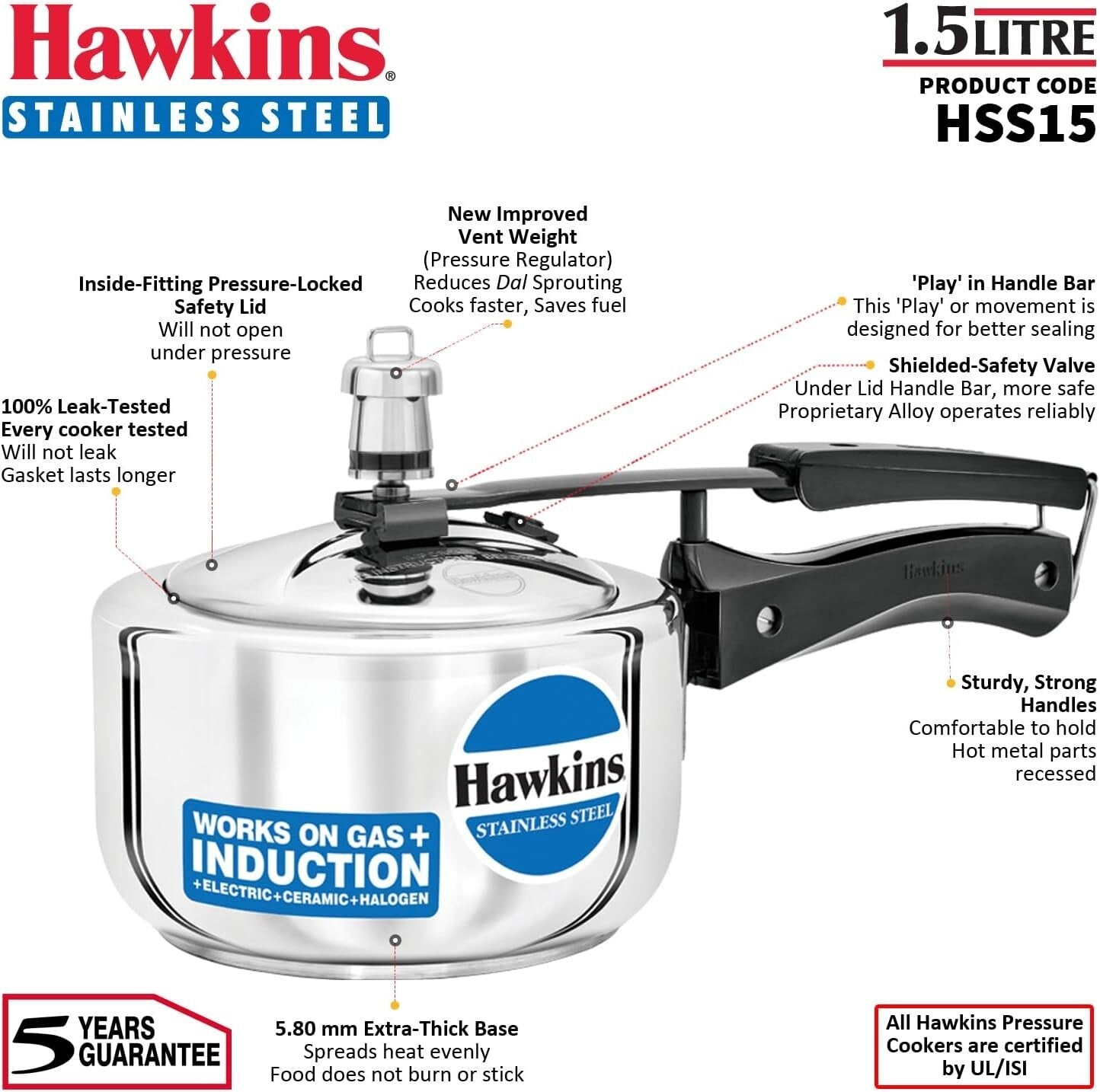 Hawkins Stainless Steel Pressure Cooker, 1.5 Litre Capacity  Free Shipping