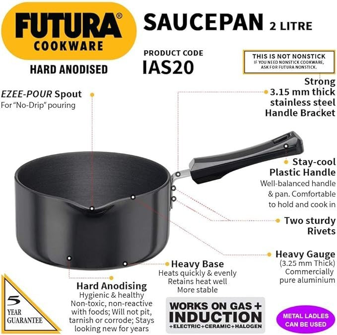 Hawkins Futura Cookware Hard Anodised Ezee Pour Saucepan With LID 2LTR