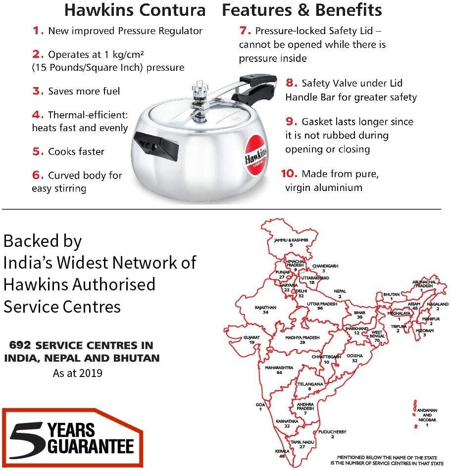 Hawkins Contura Pressure Cooker, 5 Litre Capacity Kitchen Cookware, Silver