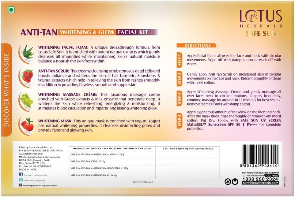 Lotus Safe Sun Anti Tan Whitening and Glow 4 in 1 Facial Kit… Free Shipping