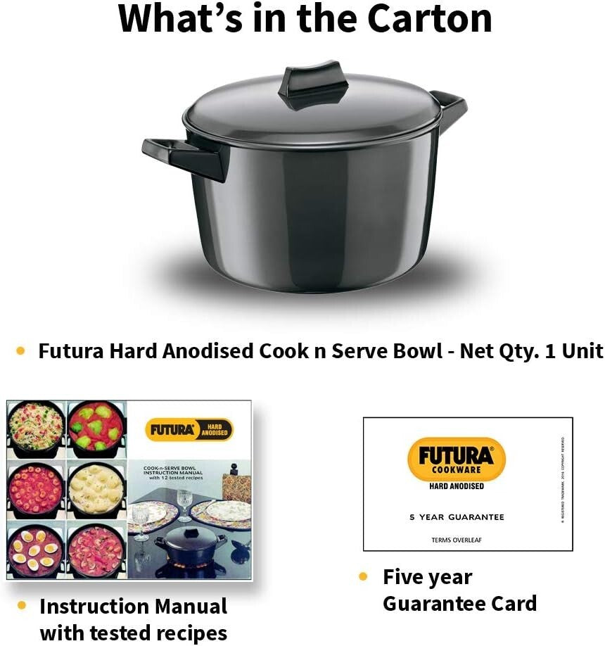 Hawkins Futura Hard Anodised Cook N Serve Bowl with Lid, 5 Litre Capacity