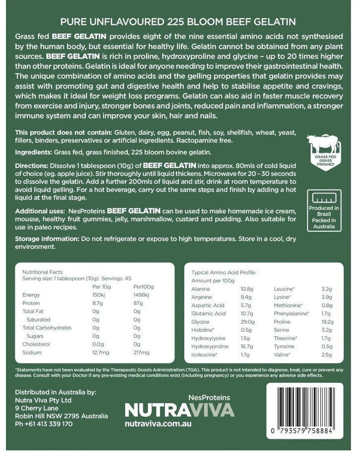 Nutraviva Gelatin Grass Fed 450g  Free Shipping