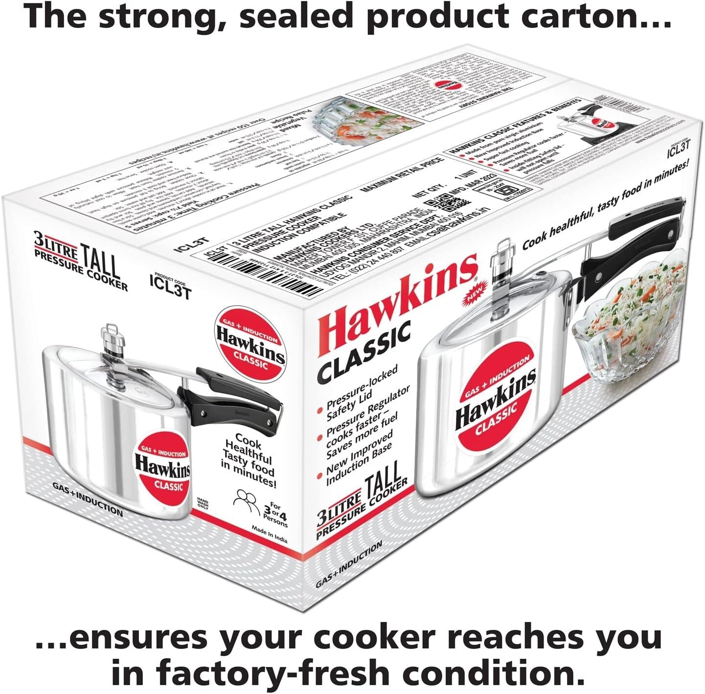 Hawkins 3 Litre Classic Pressure Cooker, Induction Inner Lid Cooker, Tall Design