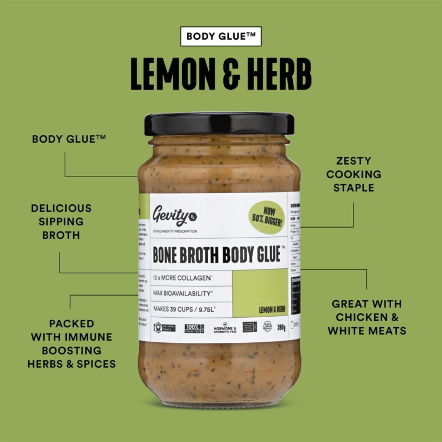 Gevity Rx Bone Broth Body Glue Lemon 390g  Free Shipping