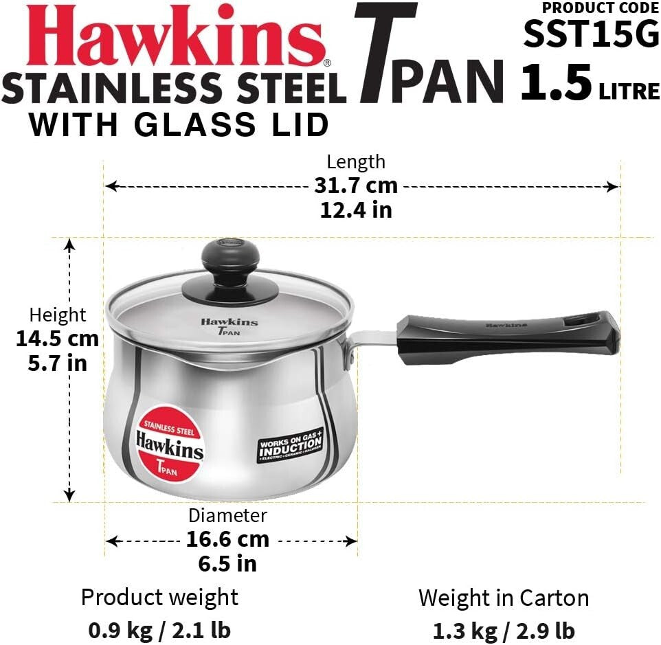 Hawkins Futura Steel Tea Pan with Glass Lid, 1.5 Litre Capactiy  Free Shipping