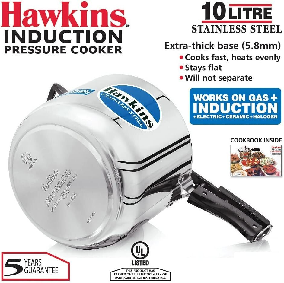 Hawkins Stainless Steel Induction Compatible Pressure Cooker, 10 Litre Capacity,