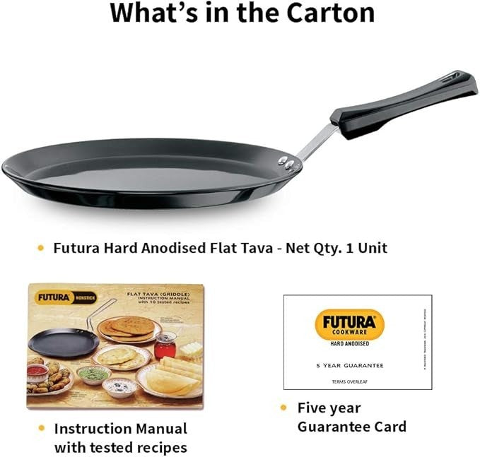 Hawkins Futura Hard Anodised Aluminium Flat Tava with Plastic Handle, 26 cm Diam