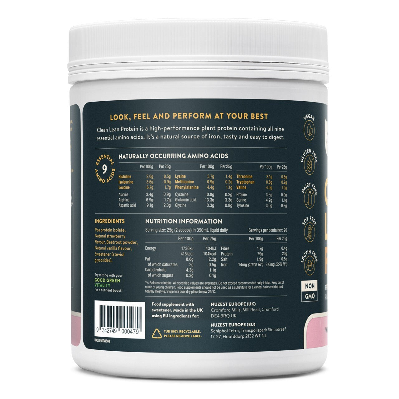 NUZEST PEA PROTEIN STRAWBERRY 500G - CLEAN LEAN PROTEIN-VEGAN -GLUTEN & SOY FREE