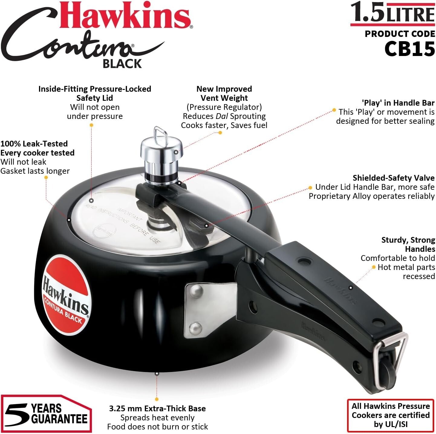 Hawkins Contura Pressure Cooker, 1.5 Litre Capacity, Black  Free Shipping