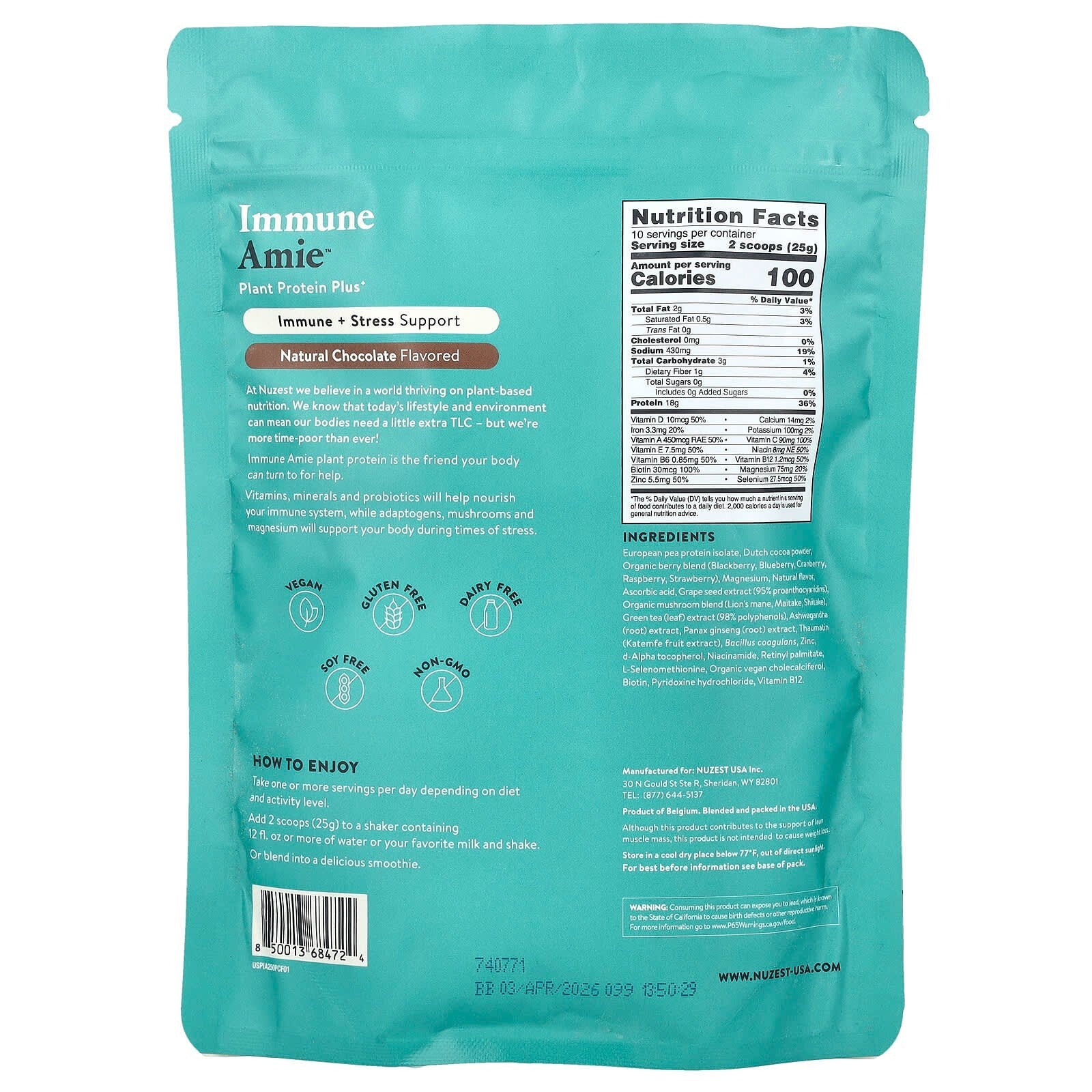 Nuzest Protein Plus Immune Amie 250g Natural Chocolate Free shipping
