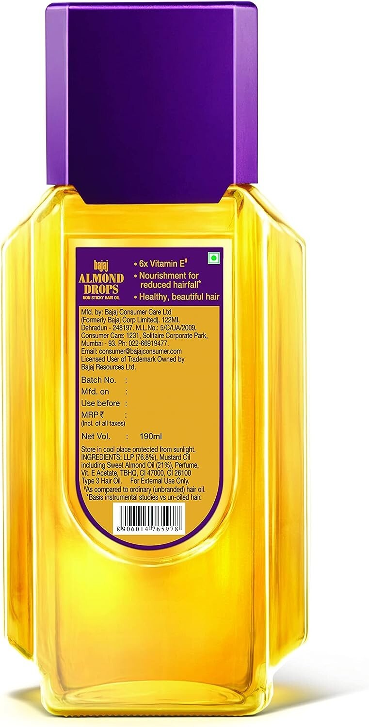 Bajaj Almond Drops Hair Oil, Transparent, 200 ml  Free Shipping