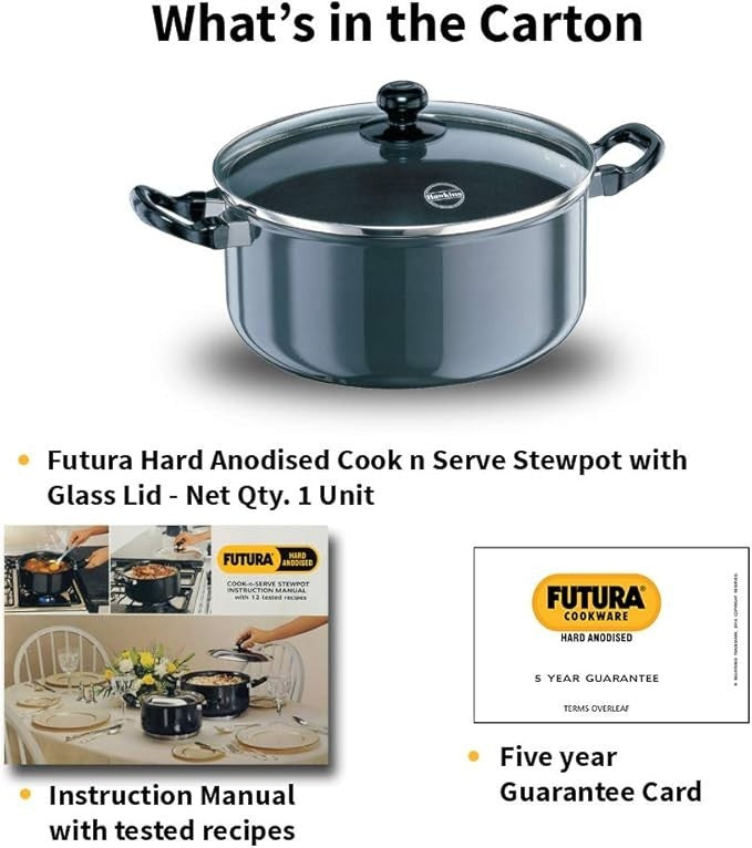 Hawkins Cook-N-Serve Hard Anodised Aluminium Stewpot with Glass Lid, 5 Litre Cap