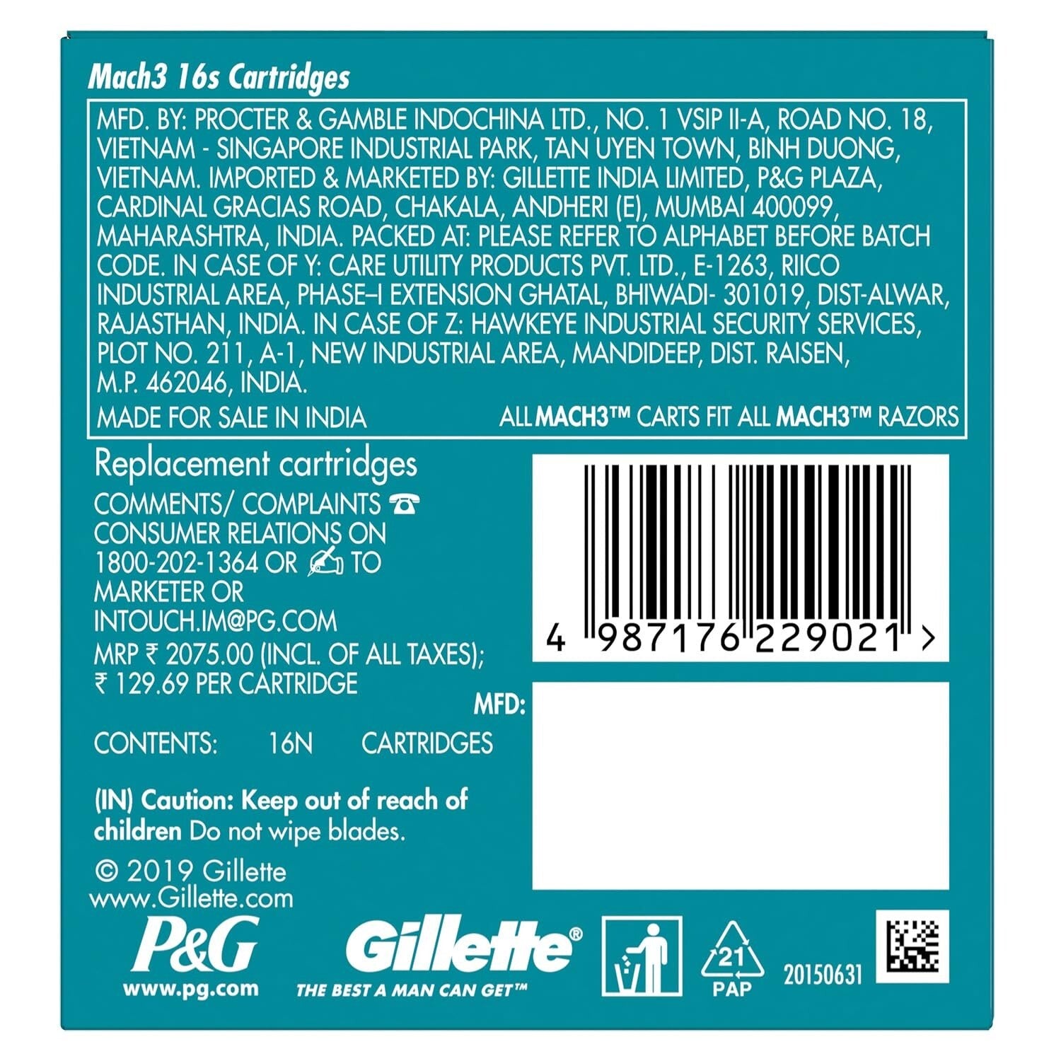 Gillette Mach3 Shaving 3-Bladed Cartridges, Pack Of 16, Men  Free Shipping